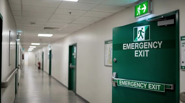 Medium shot of a clearly marked emergency exit door with bright signage the background blurred emphasizing quick access and safety in evacuation scenarios.