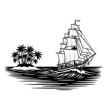 Vintage sailing ship navigates ocean waves near tropical island with palm trees