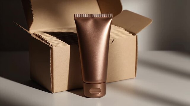 Luxury Bronze Cream Tube Mockup Next to Open Cardboard Box on White Table Casting Shadows for Beauty Advertisement and