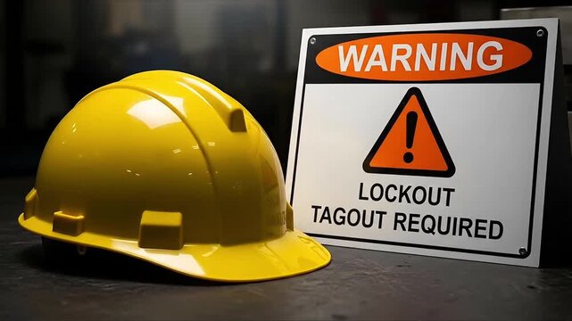 Yellow hard hat and warning lockout tagout required sign industrial safety equipment on dark background
