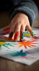 Obraz premium una mano de un niño pequeño con sus manos manchadas de pintura de colores plasmadas sobre un lienzo artistico de expresiones culturales y de aprendizaje 