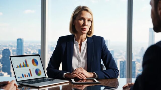 Businesswoman presenting data charts on laptop during meeting with colleague in modern highrise office with city view