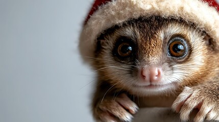 Fototapeta premium Adorable small primate wearing festive Santa hat with big expressive eyes and tiny hands, perfect for holiday greeting cards and seasonal marketing campaigns.