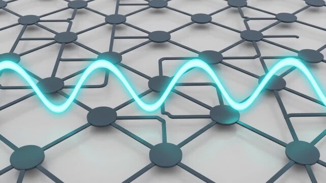 Interconnected network with pulsating blue waveform representing data flow and communication on a grey backdrop indicative of technological advancement
