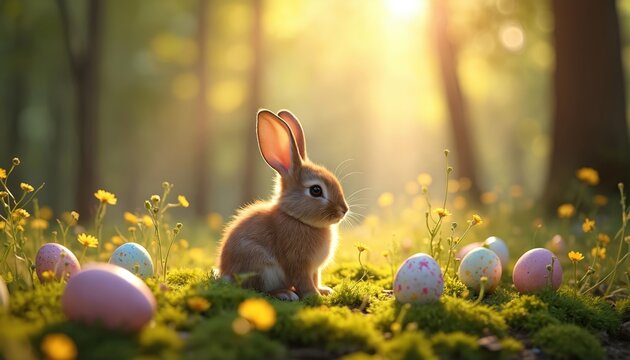 Cute bunny sits in sunny forest clearing among yellow flowers and pastel easter eggs. Spring nature scene with soft light, perfect for holiday greeting cards or seasonal decor.