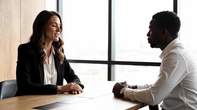 Businesswoman conducting job interview or performance review with male candidate in office