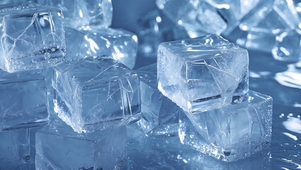 Pile of Crystal Clear Ice Cubes with Internal Cracks and Frost Details - Macro Shot