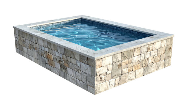 Rectangular backyard pool with stone facade, clear water, and marble coping