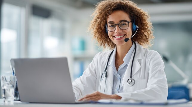 A female doctor wearing a headset and stethoscope sits at a desk with a laptop in a modern medical office