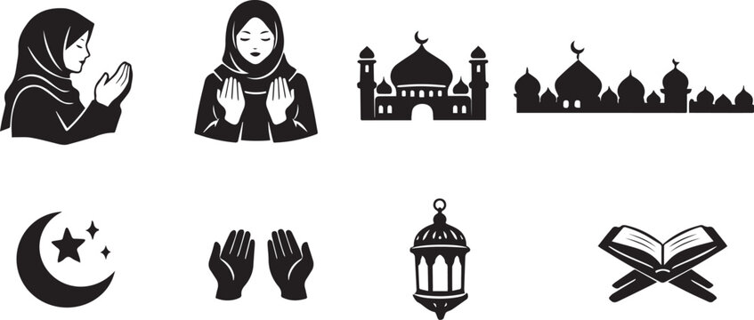 Ramadan vector illustration, muslim woman praying dua, hijab woman monajat, hands raised prayer, ramadan lantern, crescent moon, mosque elements.