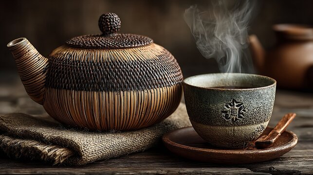 Rustic bamboo teapot and cup in warm light high resolution picture