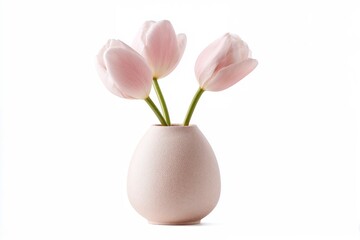 Obraz premium Pink tulips in textured vase on white background