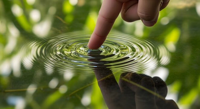 Finger touching water surface creating ripples in a serene natural setting