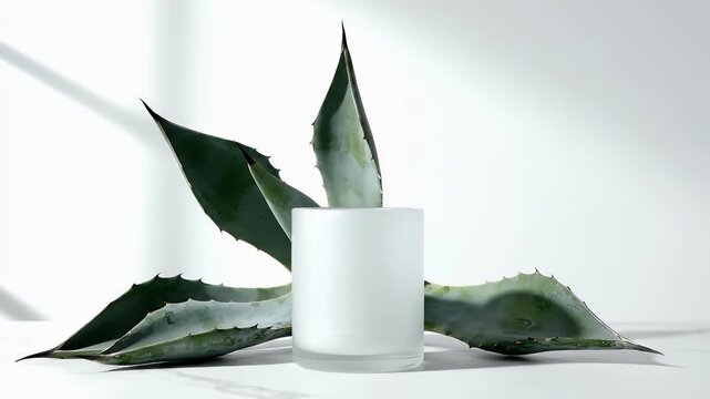 Minimalist Matte White Glass Jar with Green Agave Plant on White Marble Background for Natural Cosmetic Product