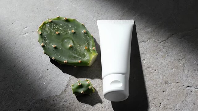 Minimalist Presentation of Cosmetic Cream Product Next to Prickly Pear Cactus on a Textured Background with Subtle