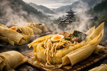 Ultra-Sharp Ramen Tamales in Miso Masa Steam Realistic Shot