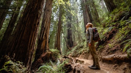 Fototapeta premium A woman with a backpack stands on a dirt path in a dense forest surrounded by tall trees and lush greenery.