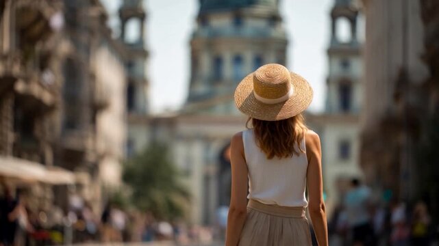 Young tourist woman walking towards St. Stephen's Basilica in Budapest, Hungary