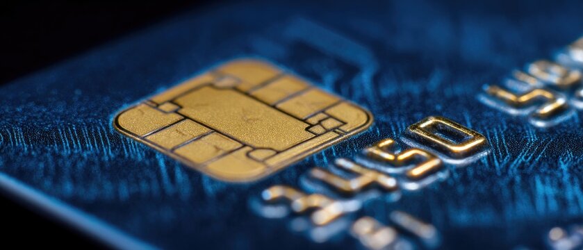 A close-up view of a blue credit card with a gold chip and embossed numbers