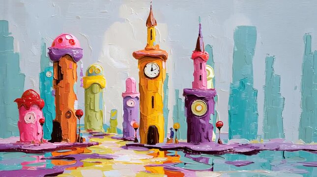 Whimsical colorful clock tower pastel cityscape with textured impasto paint, reflective canal and abstract buildings conveying playful joyful mood