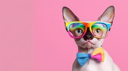 Fototapeta premium Stylish French Bulldog wearing colorful rainbow glasses and bow tie on pink background for trendy pet fashion and quirky animal portrait designs.