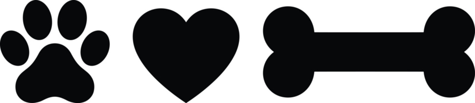 Black silhouette icons of a dog paw print heart and bone set on white background for pet lover animal themes
