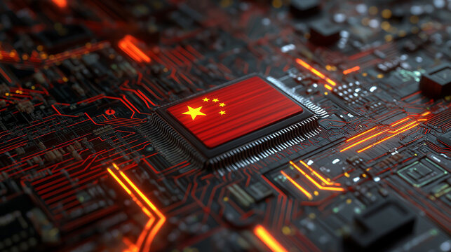 High-resolution conceptual image showing the Chinese flag embedded on a microchip mounted on a futuristic electronic circuit board. Represents China&rsquo;s semiconductor industry, artificial intelligence
