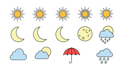 Obraz premium Set of simple weather icons including sun, moon, clouds, rain, and a red umbrella for forecast display mobile applications.