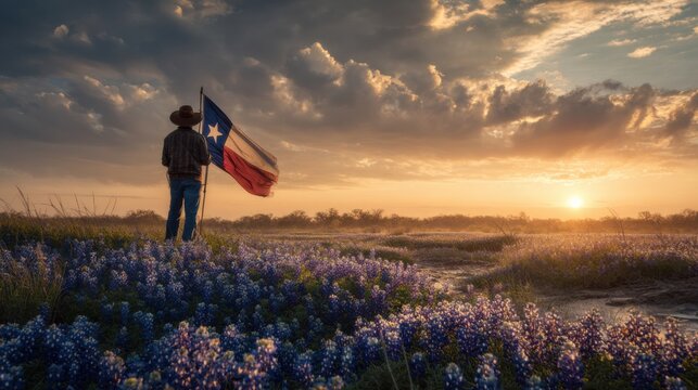 Man stands in field of bluebonnets holding Texas flag during sunset with clouds in the sky