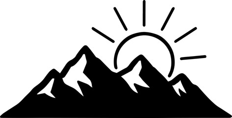 Minimalist Mountain Range and Sun Icon Black and White Vector Illustration for Outdoors and Adventure Logo Design