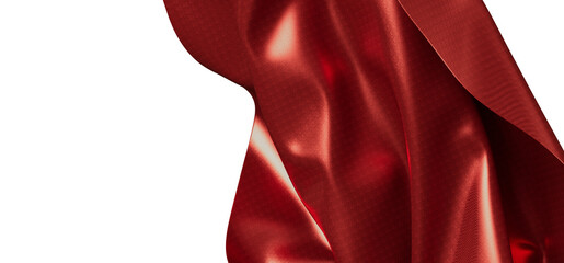 Close up shot of flowing red satin fabric, elegant drape against white backdrop. Ideal for design n