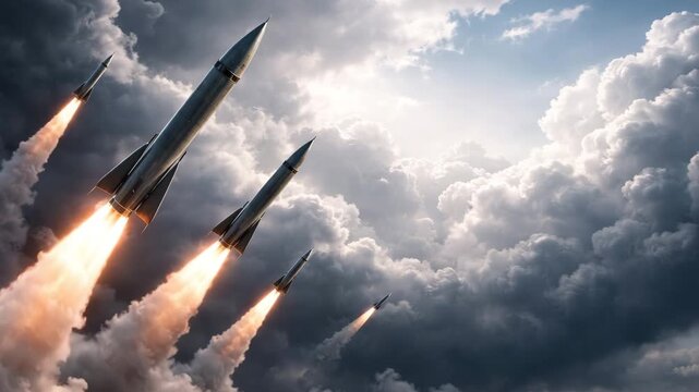 Rockets launch into the sky, ascending through clouds with fiery exhaust trails, showcasing powerful propulsion and dynamic motion in a dramatic atmosphere of flight