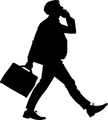 Black silhouette of businessman walking with briefcase and talking on cell phone