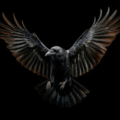 Fototapeta premium Black Raven with Spread Wings Isolated on Dark Background, Symbol of Mystery and Power