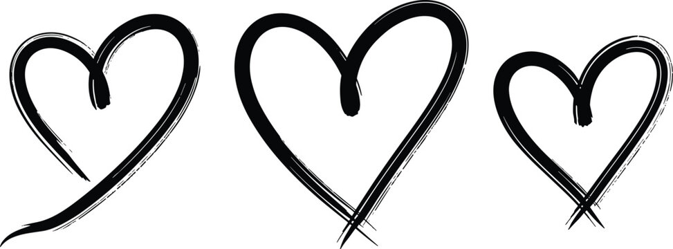 Set of three hand drawn black ink brush stroke heart icons isolated on white background for wedding Valentine day design