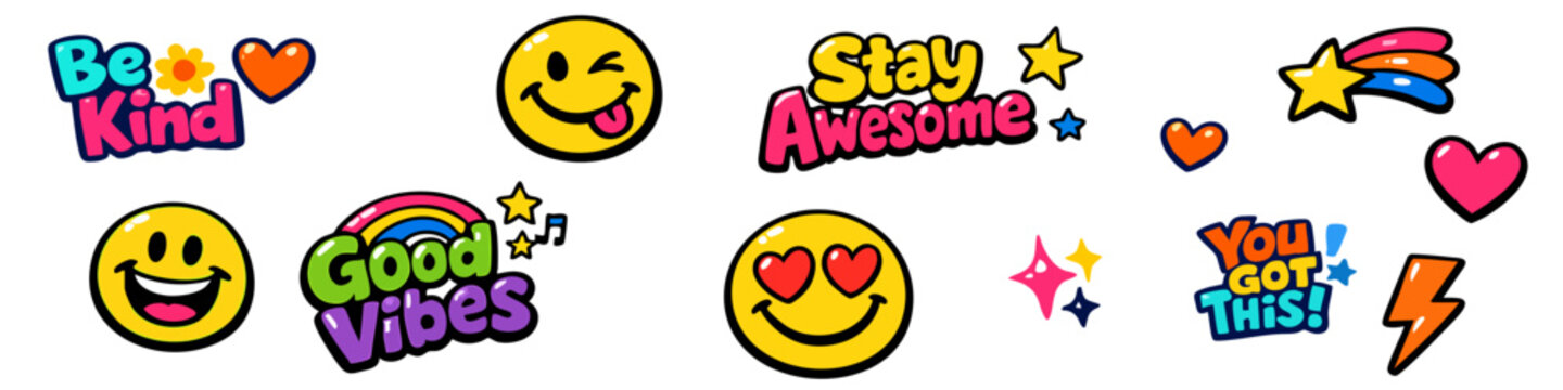 Vibrant set of colorful retro pop art stickers featuring smileys, hearts, and inspirational quotes like Good Vibes and Be Kind on a white background.
