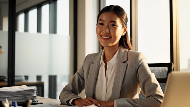 Young asian businesswoman sitting at office desk with laptop and paperwork smiling