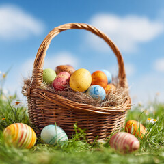 Easter Basket with Colorful Eggs on Grass