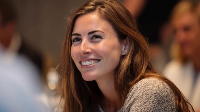 Smiling woman follows conference, blurred background. Slow motion.