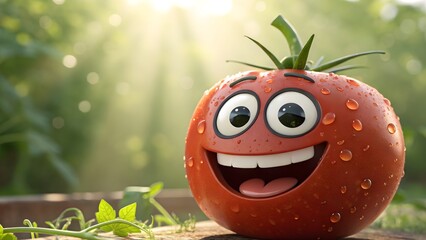 Naklejka premium Happy Anthropomorphic Tomato Character with Water Droplets Outdoors, Sunny Day, Vibrant Greenery, Fun Food Concept