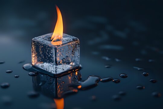 Ice cube with bright orange flame burning on top creating dramatic contrast between fire and ice elements with water droplets and dark background.