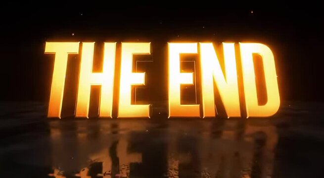 Bold illuminated text reading "THE END" transitions through frames, showcasing a dynamic visual effect with reflections on a dark surface, emphasizing closure and finality