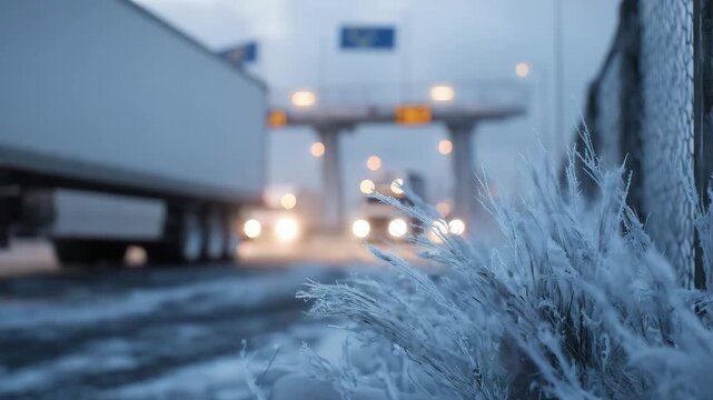 13Close-up winter scene of trucks waiting in line at a border crossing, headlights diffused by snow and fog, frost-coated surfaces catching soft light, layered depth with barriers, s