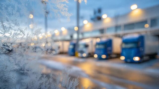 11Intimate close-up of truck cabins waiting at an international border in winter, frost patterns etched across glass, snow accumulating on roof edges, subtle motion blur of falling s