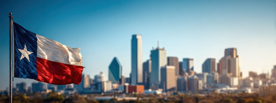 View of Dallas skyline with Texas flag waving in the foreground during clear day