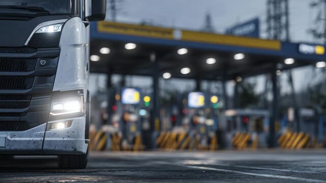 22Front-facing close-up of trucks halted at a border customs clearance zone, headlights illuminating wet asphalt, license plate areas blank, metal barriers and inspection signage beh