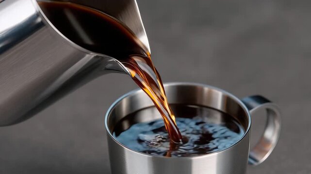 86Studio-lit close-up of pouring action, dark liquid stream from metal pitcher to polished metal cup, smooth gradients, clean composition, high-end product photography style