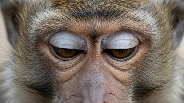 Close-up of a thoughtful macaque monkey's face with calm, closed eyes, in natural light.