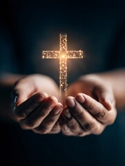 illustration of cupped hands holding a luminous cross at night, warm ambient light, deep shadows, symbolic faith concept, atmosphere of trust safety and inner peace, dramatic yet gentle lighting 