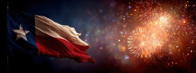 Texas flag waves in the wind as colorful fireworks burst in the night sky during a celebration in Texas